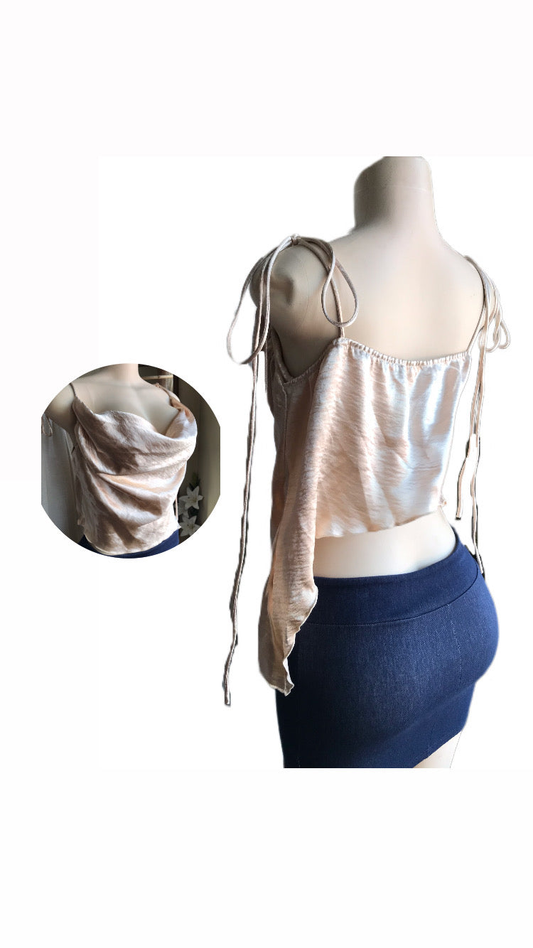 Champagne cowl spaghetti evening blouse tied sleeve ... L