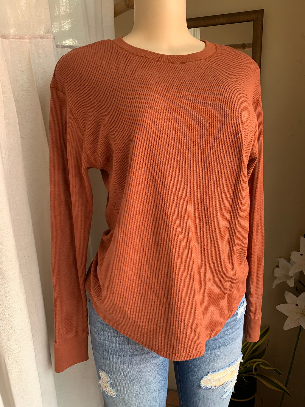 Deep orange/brown textured cotton long sleeve tee … s ,,,
