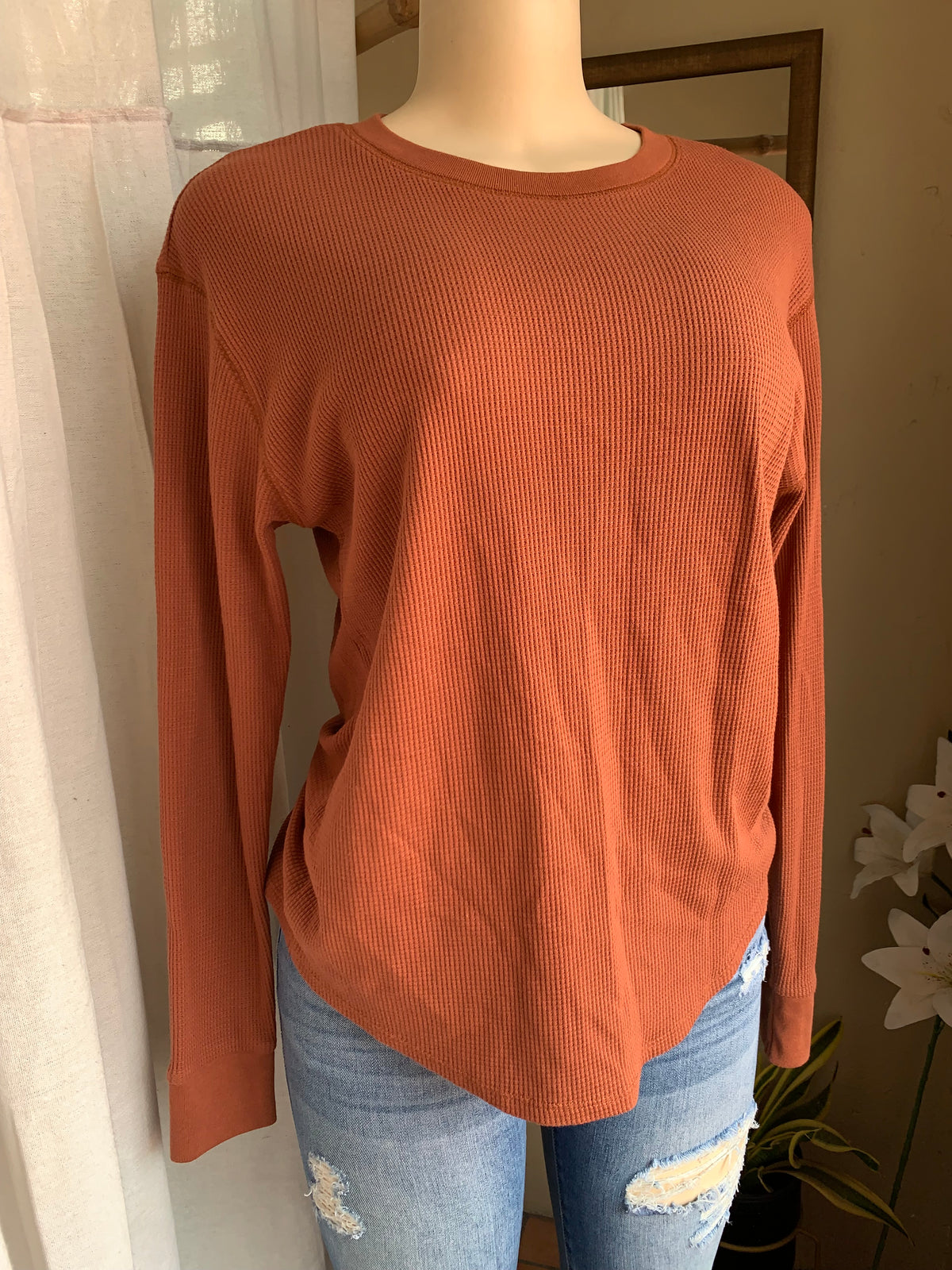 Deep orange/brown textured cotton long sleeve tee … s ,,,