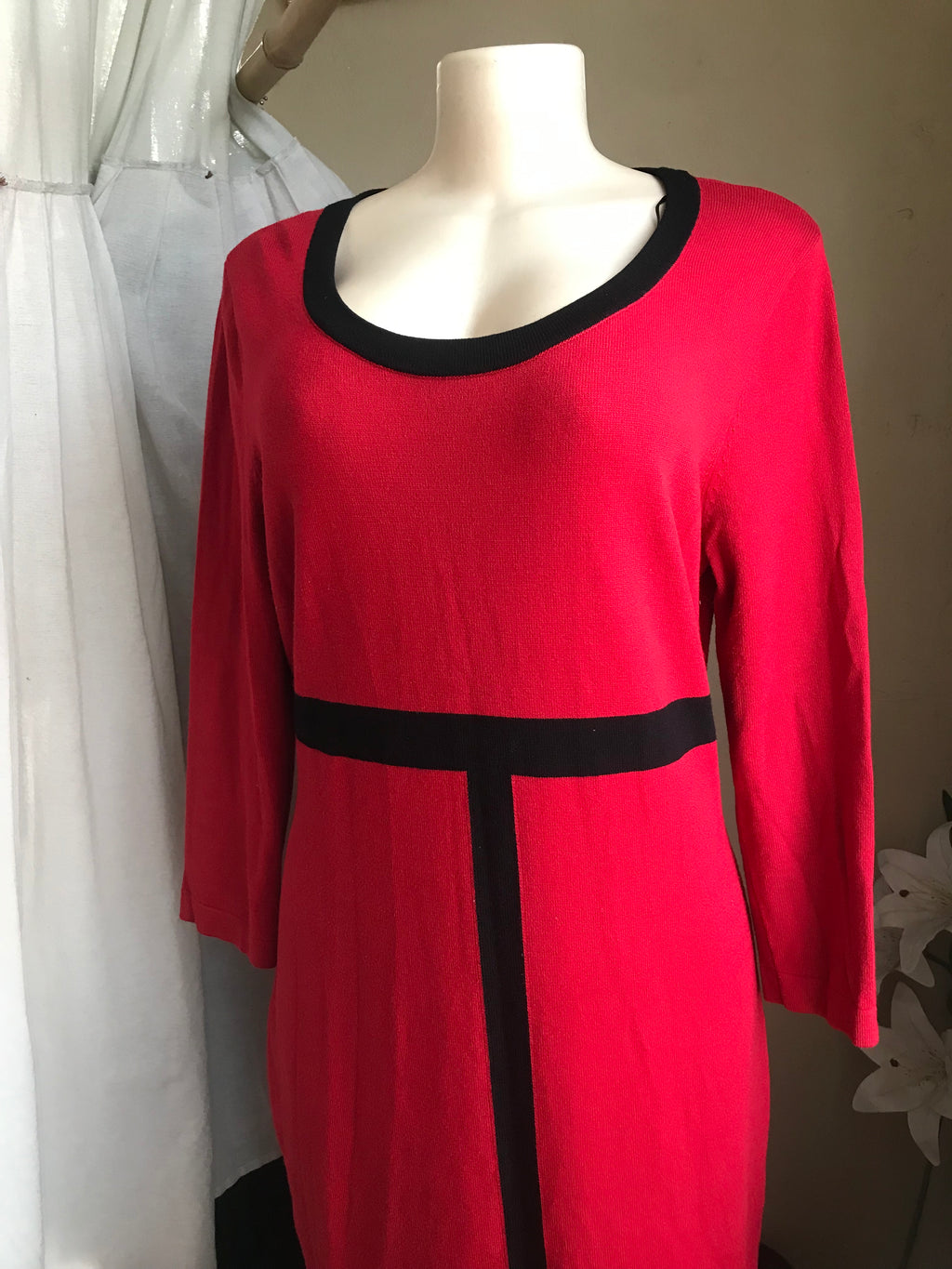 Jones NY red retro print stretchy professional dress mid sleeve. L