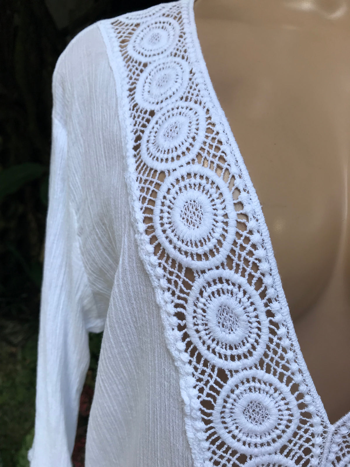white crinkle blouse dress organic embroidery crochet