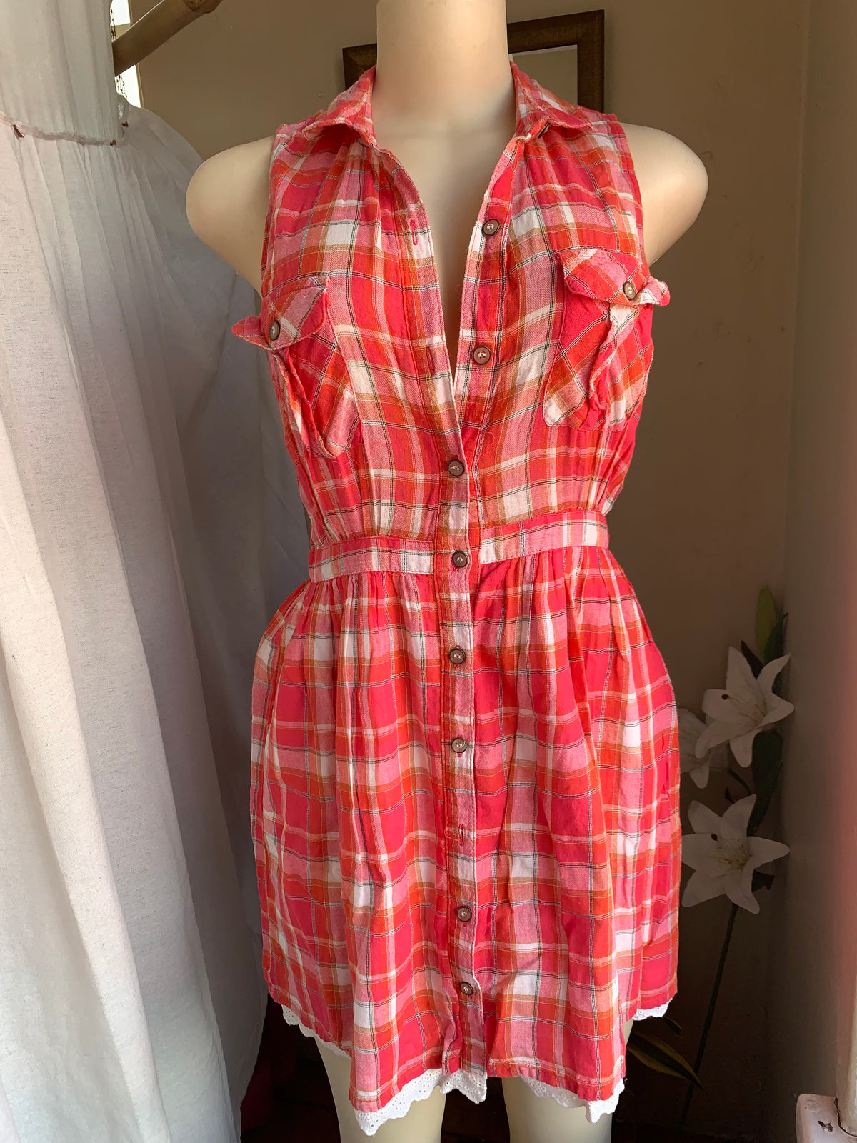 Soft cotton sleeveless button down red plaid dress s ,,,