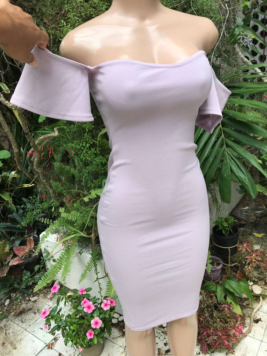 lavender detached shoulder fitted dress  . s to m