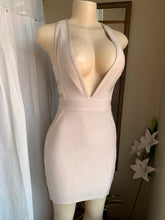 Load image into Gallery viewer, Beige deep V + cut out back bondage style midi dress says s
