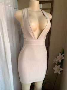 Beige deep V + cut out back bondage style midi dress says s