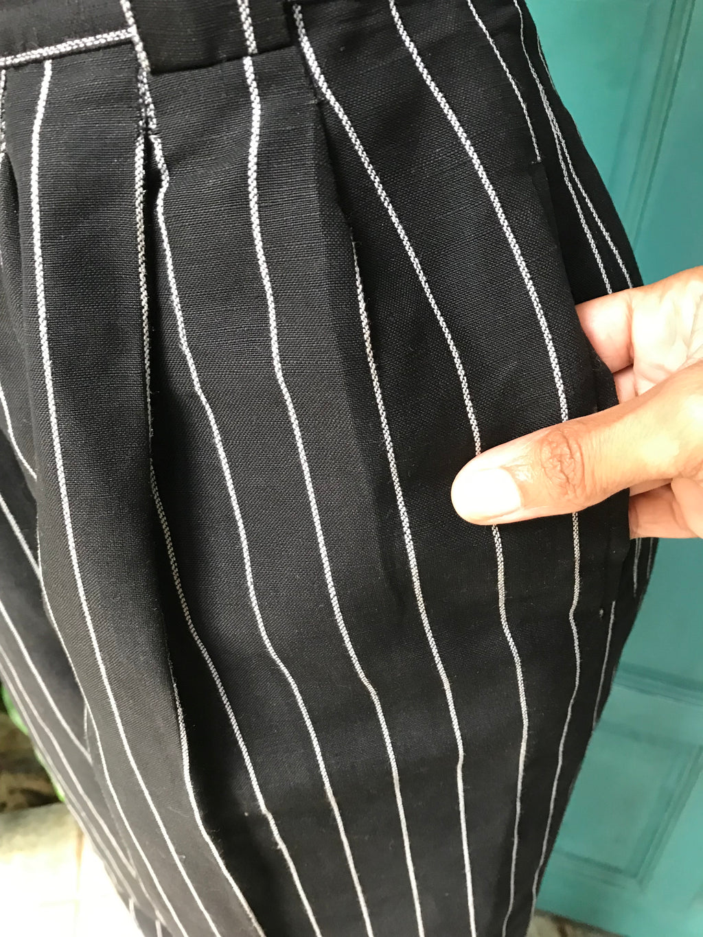 vintage linen blend black stripe pants high waist size 14/L