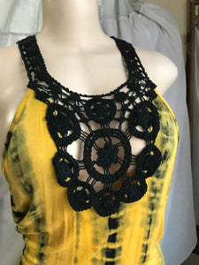 mustard tie dye crochet detail soft maxi dress slit. M