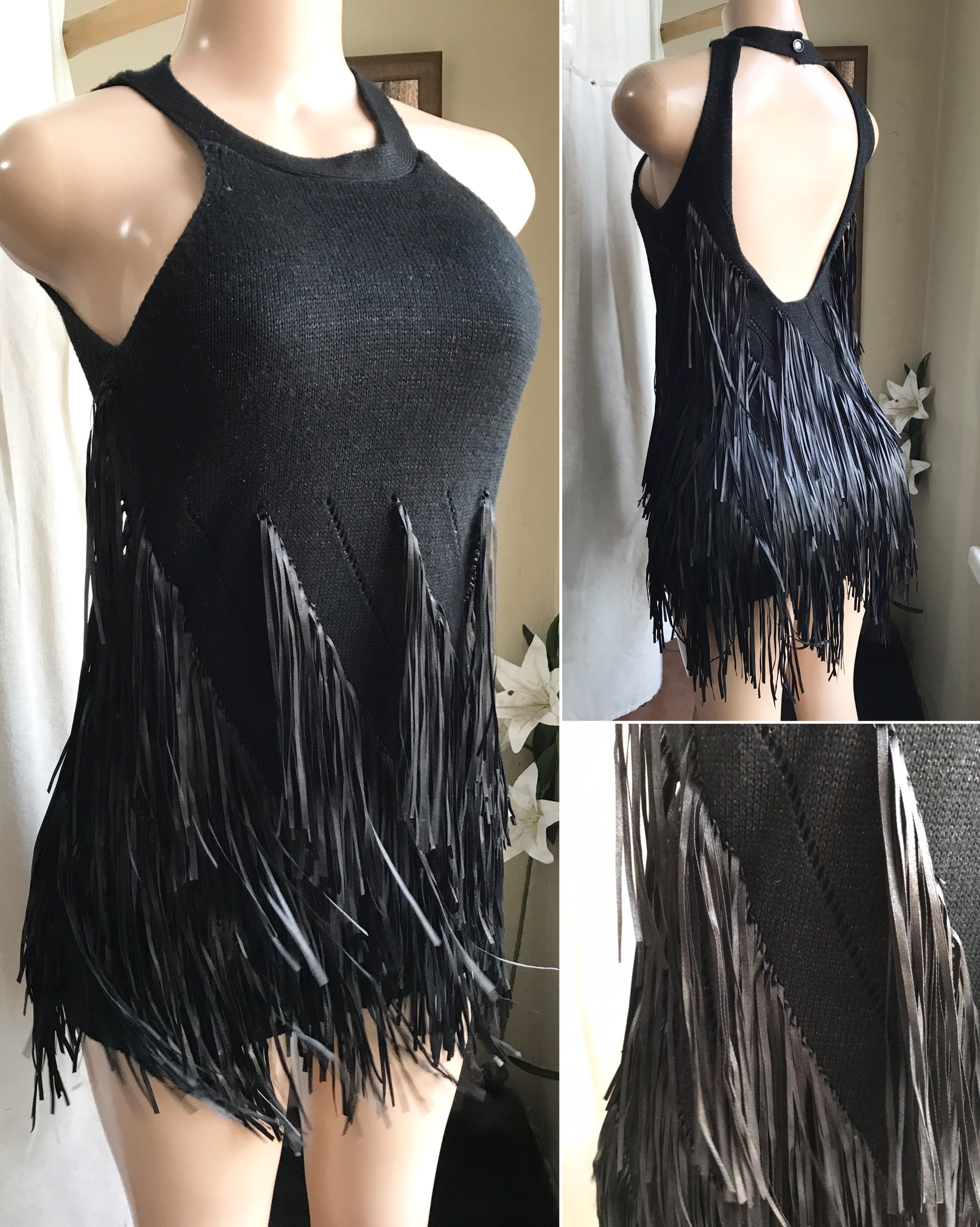 vintage black knit tassel halter top / mini dress... s to m ^^^