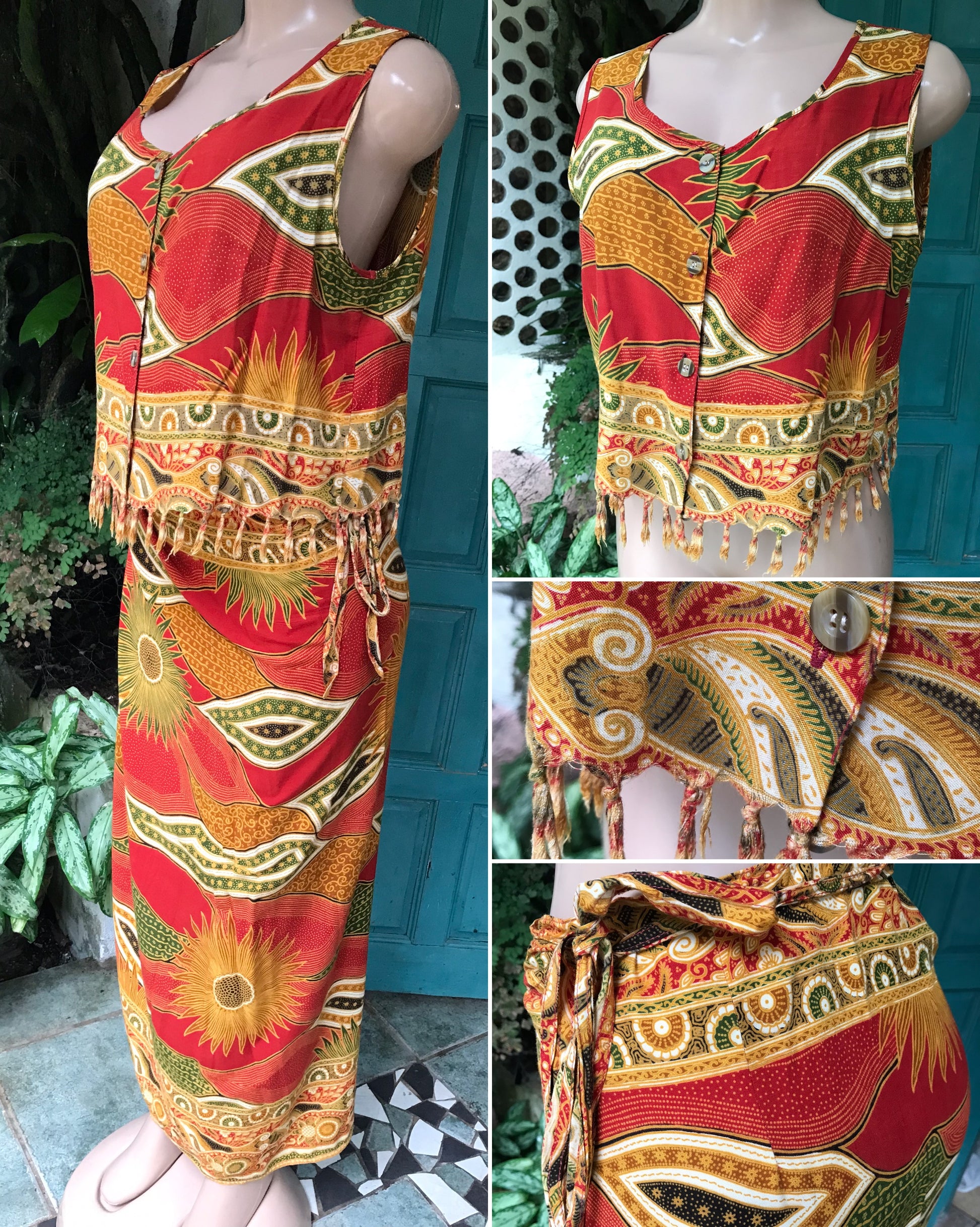 Vintage tassel wrap skirt bold print set rayon made in Thailand ... Large