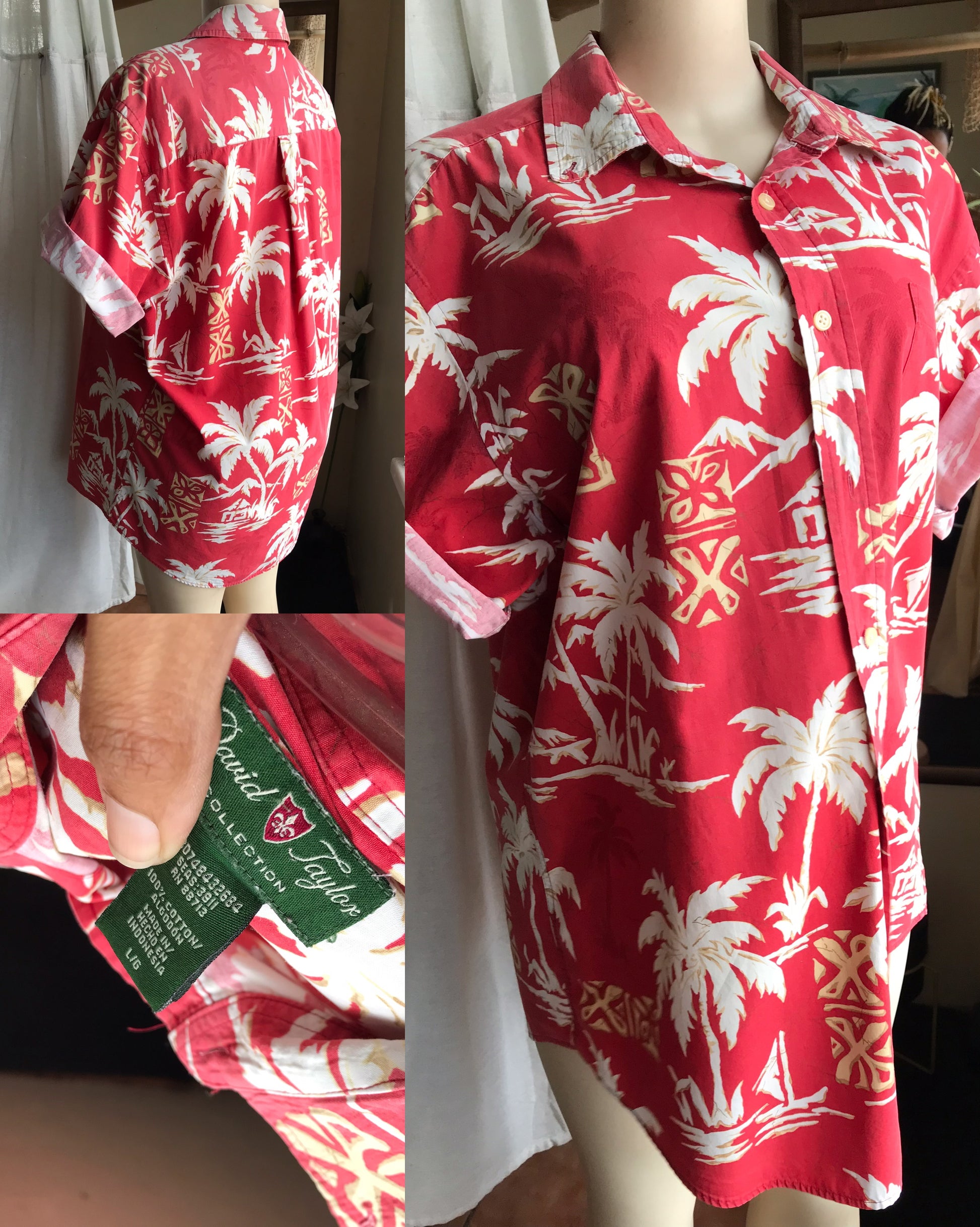 vintage red hawaiian palm mens button shirt 100% cotton ,,, L