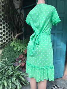 Vintage 100% Cotton Made in India Green Polka Wrap Dress ^^^  S or M ,,,