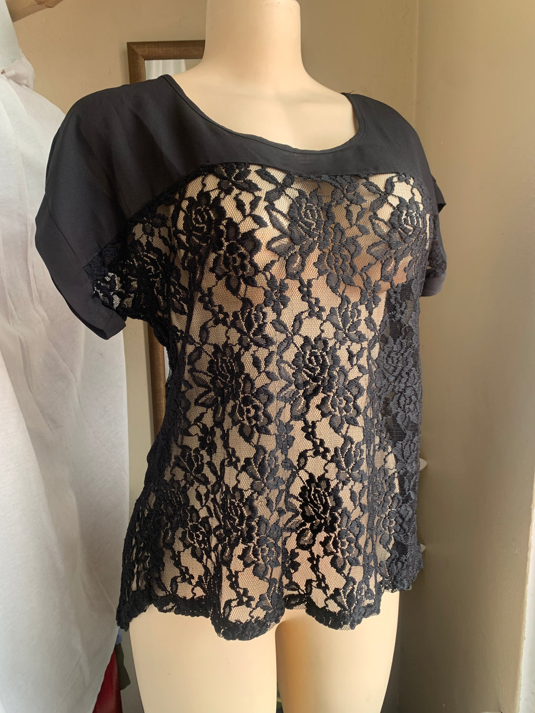 Black lace blouse with button down back detail … L