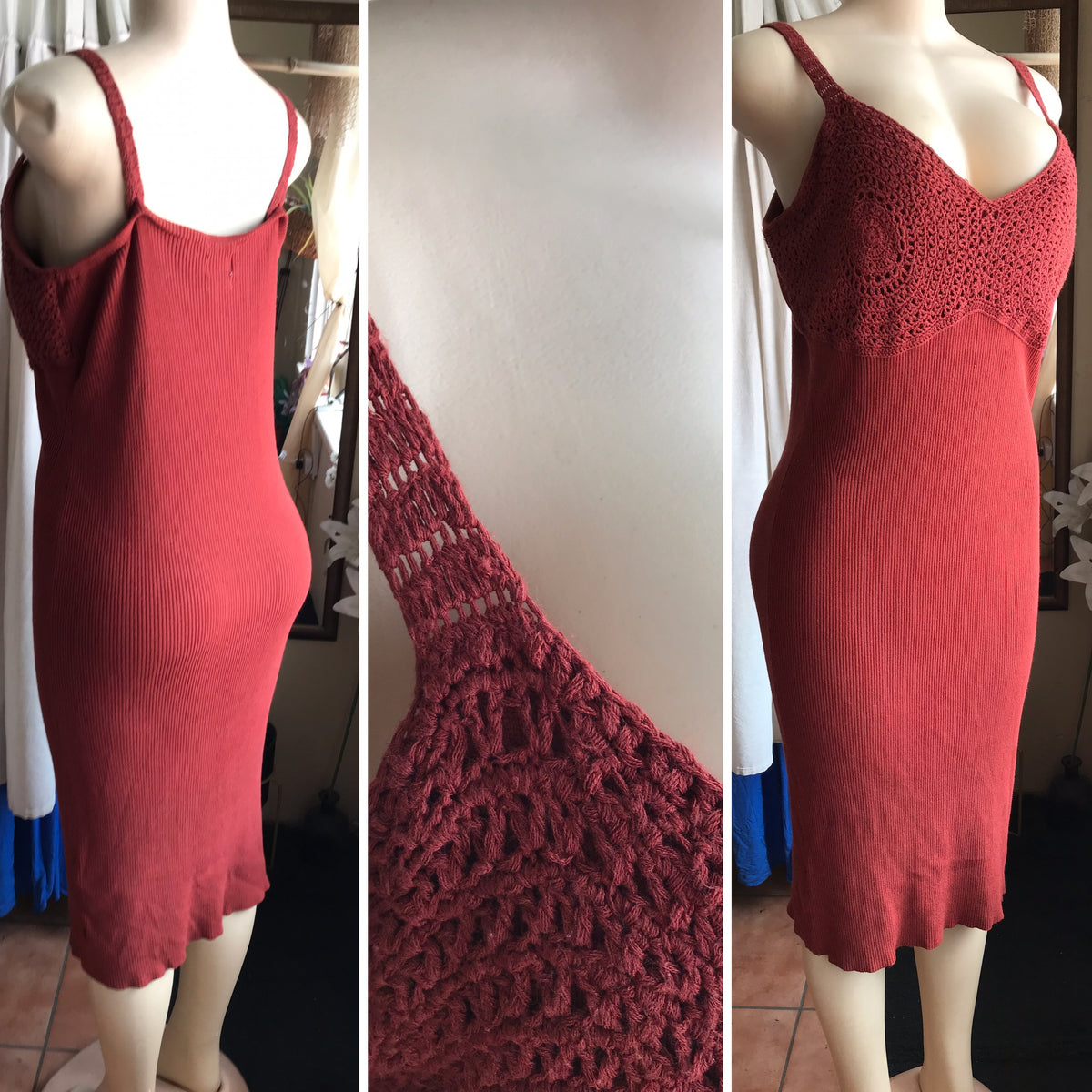 Rust crochet detail Bodycon knit dress /XL : 2X