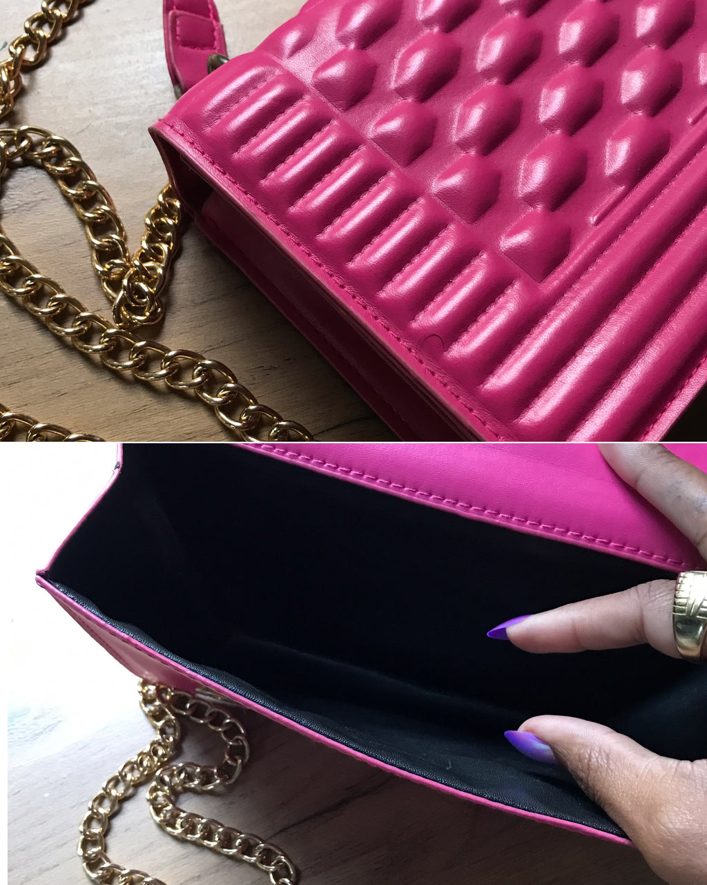 pink quilted hand bag with gold chain ***