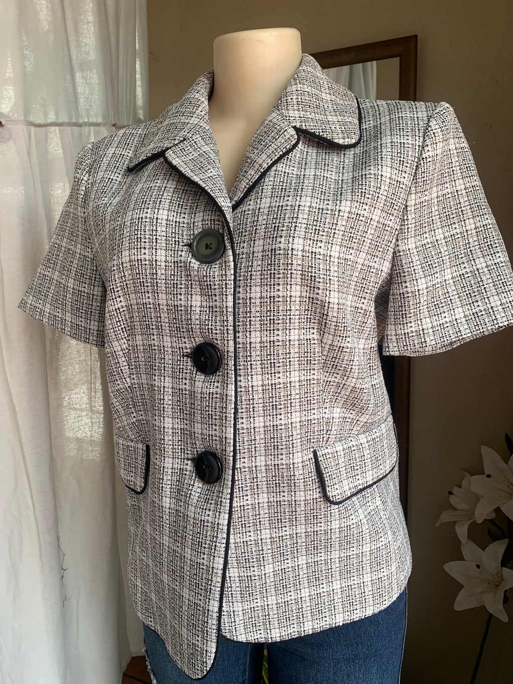 Black+White checkered short sleeve blazer tweed size 10 >>> m