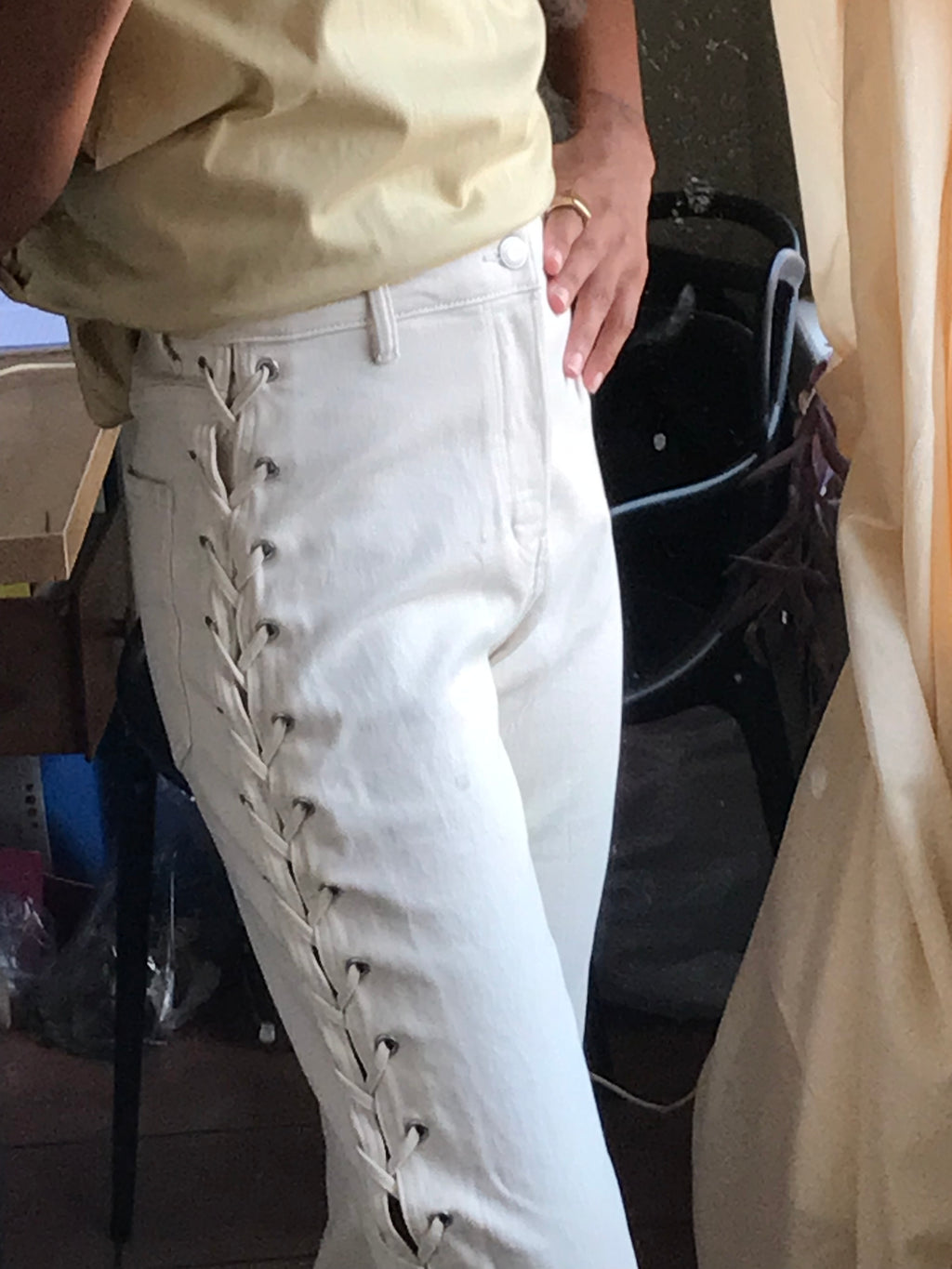 cream high waist lace up side jeans