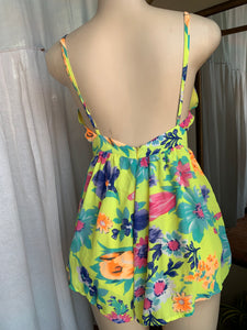 Neon floral print cami strap romper ~~~ M