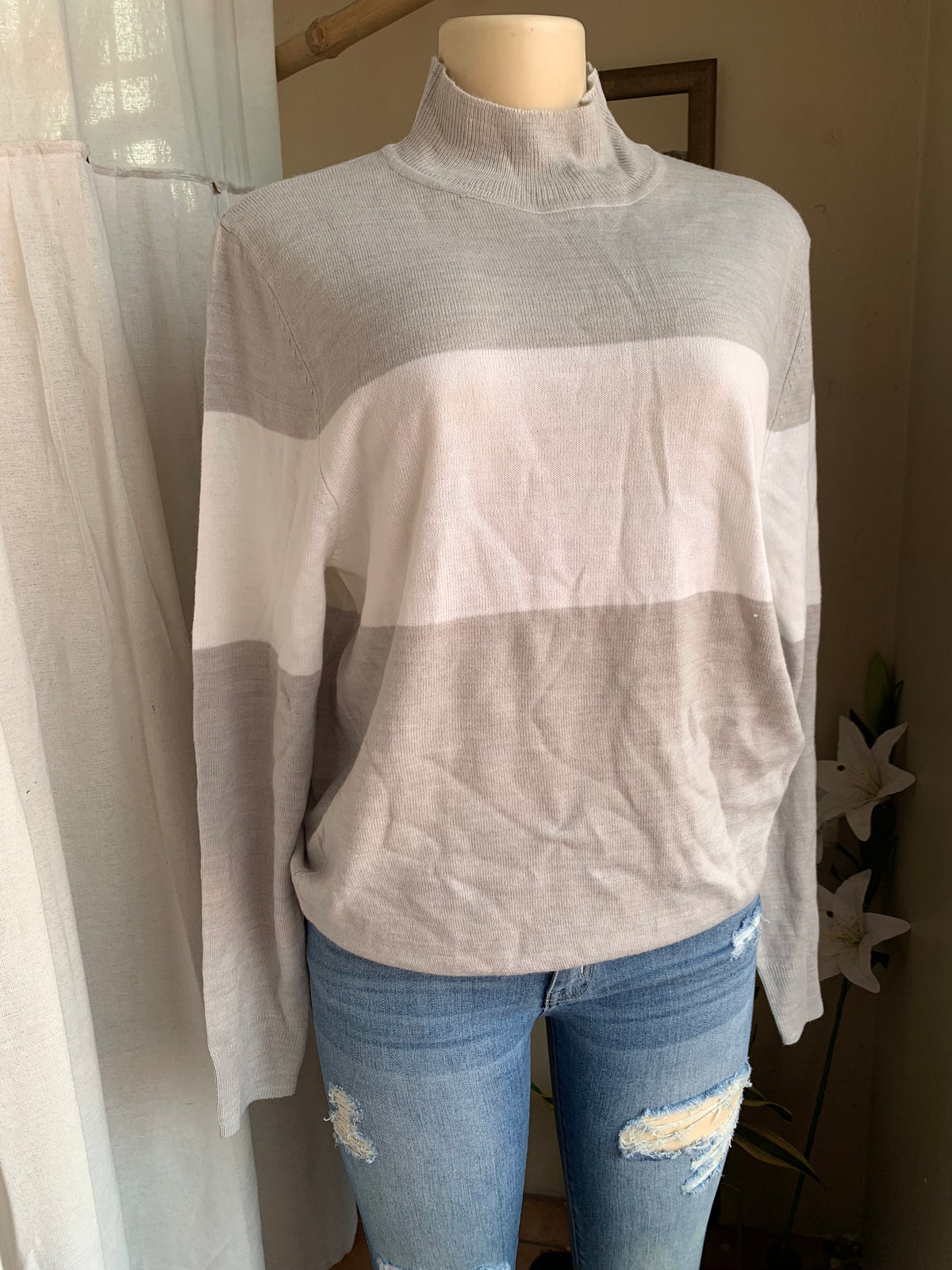 Grey+White stripe knit sweater … fits up to L