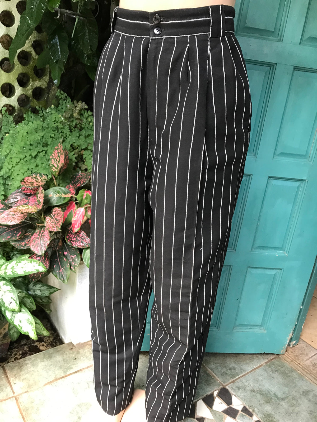 vintage linen blend black stripe pants high waist size 14/L