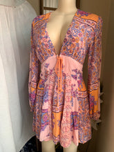 Load image into Gallery viewer, Free people floral patterned pink dress with orange tie details s (one tie missing)
