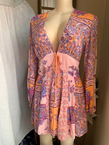 Free people floral patterned pink dress with orange tie details s (one tie missing)