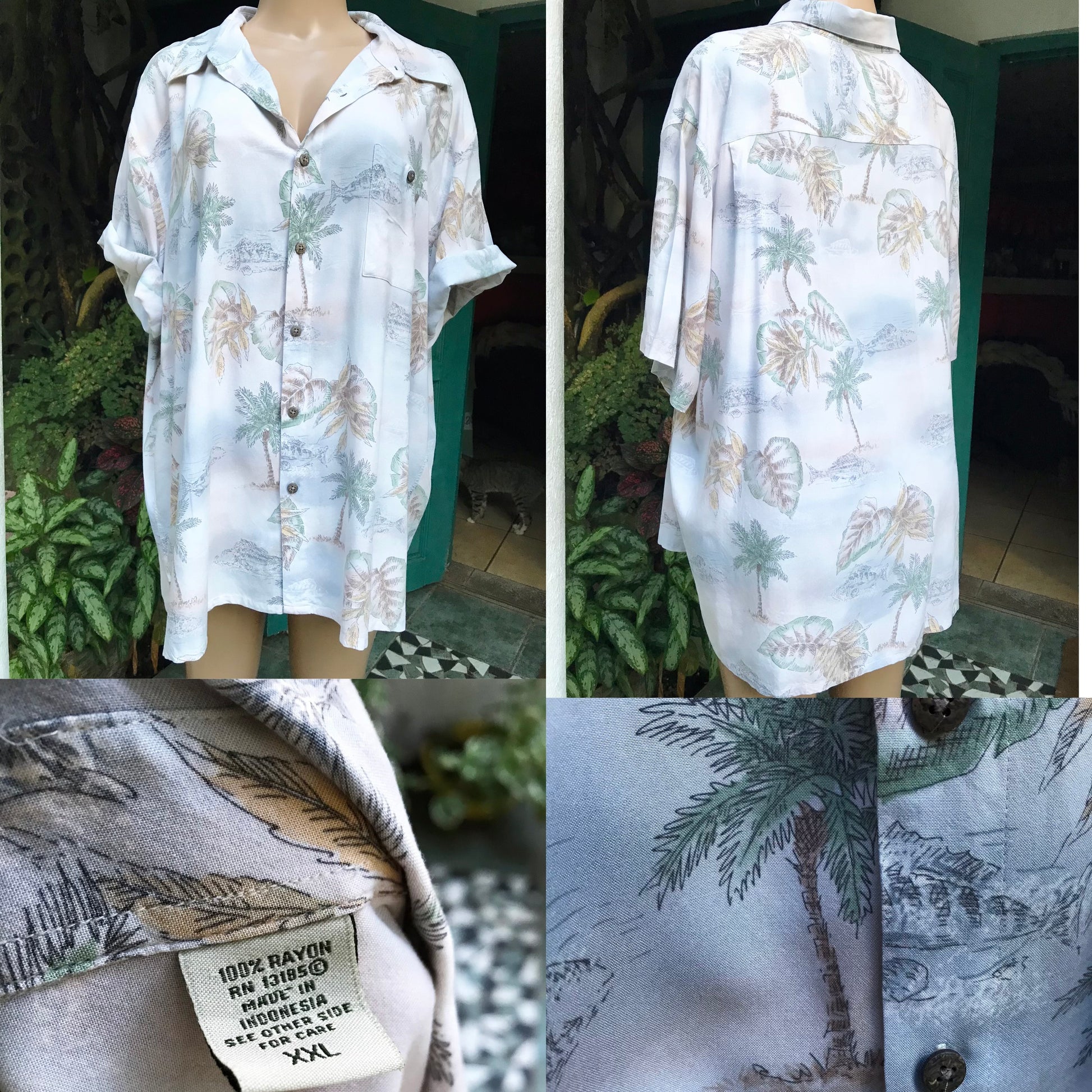 Vintage palm print shirt pale blue mens  ^^^ /XL