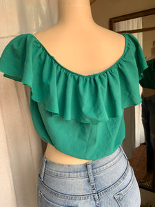 Green off the shoulder crop top with ruffle neckline … M