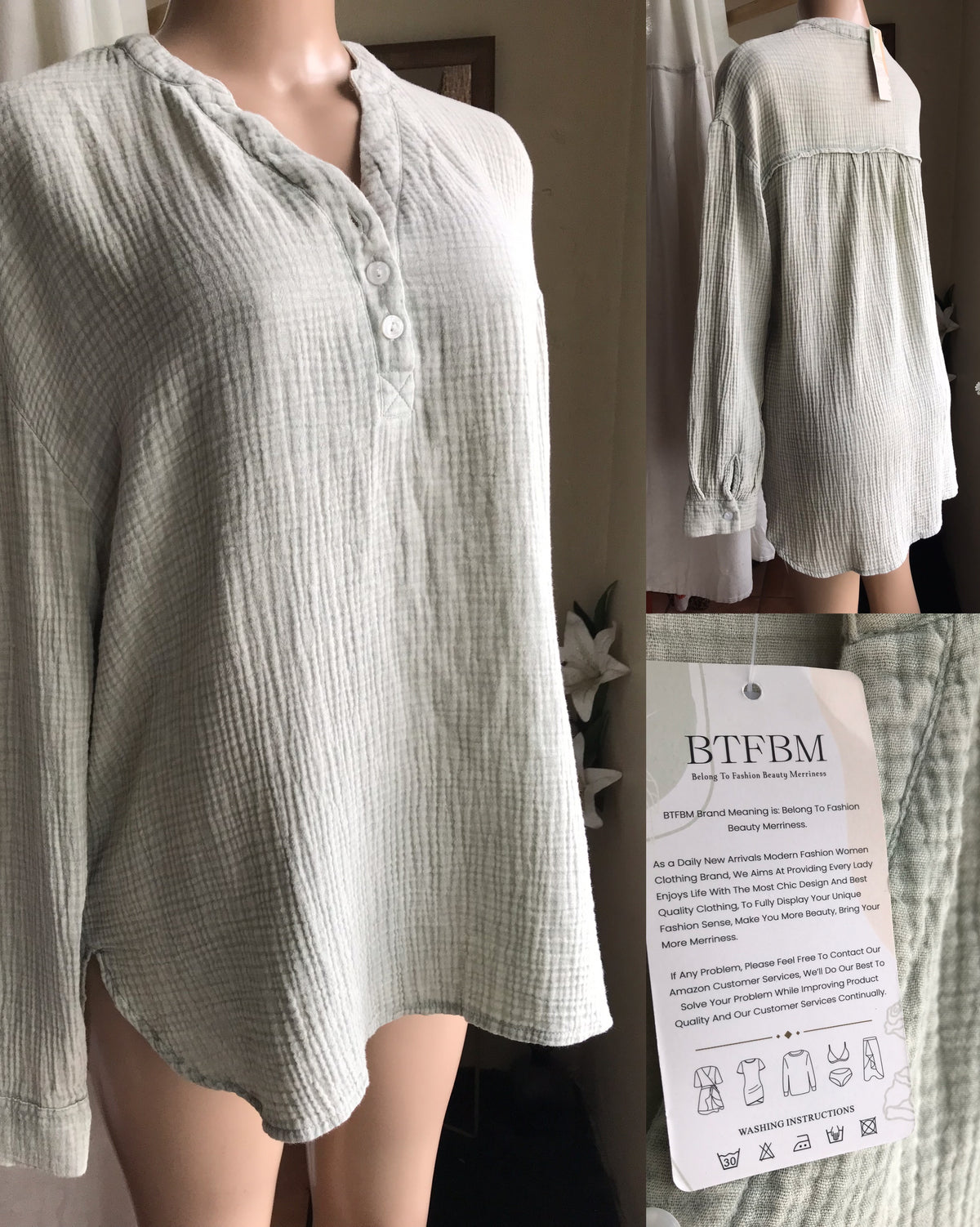 new tag 100% cotton pale green soft long sleeve blouse minimal ... Large to plus XL ,,,