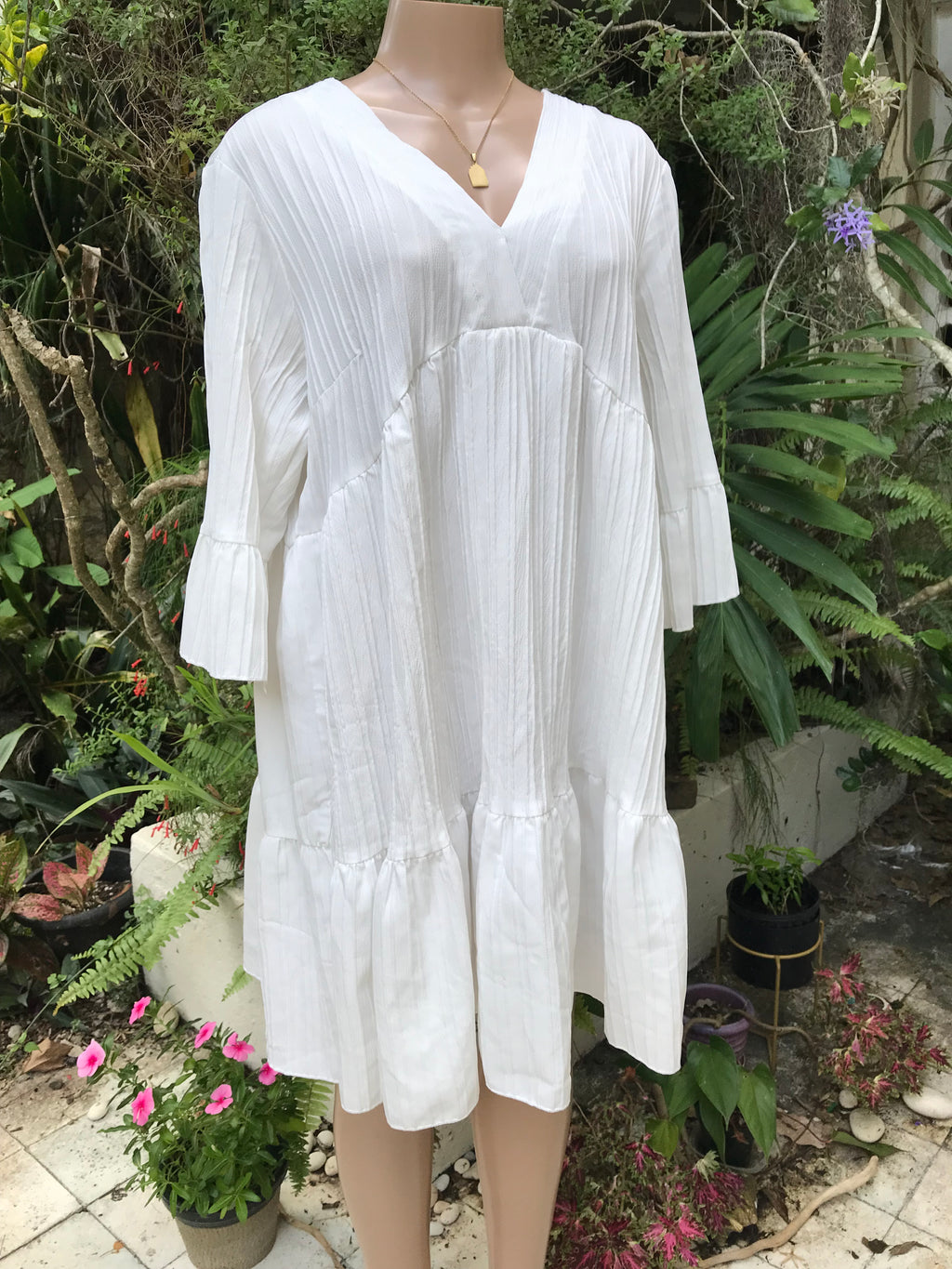 White Ruffle Bell Sleeve Dress . Plus /XL