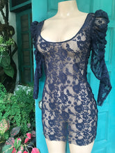 Load image into Gallery viewer, Blue full lace puff sleeve dress one size
