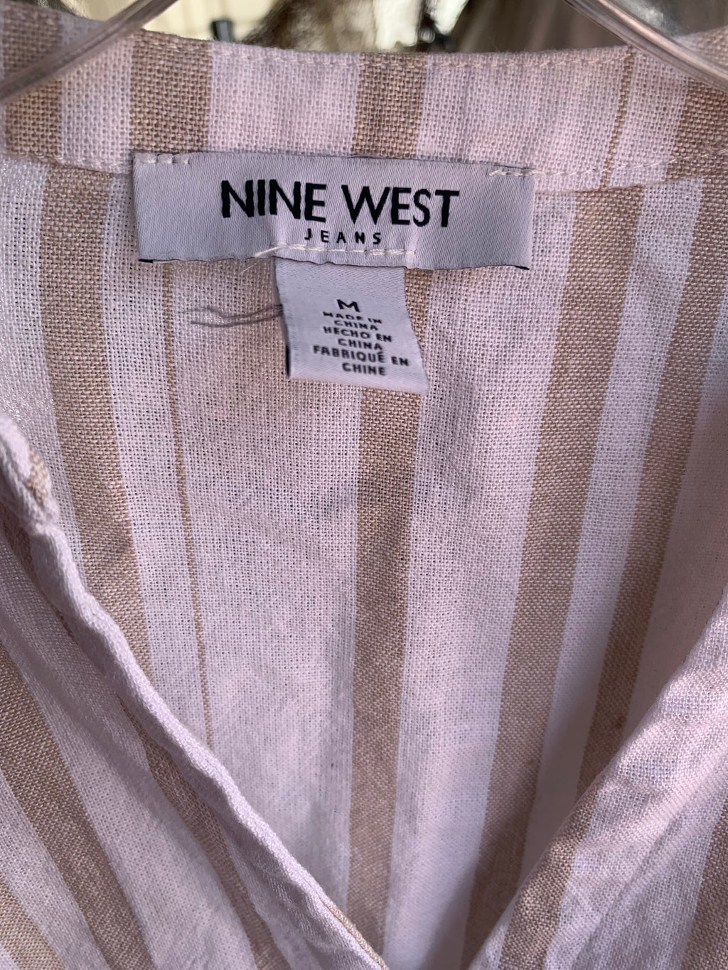 Nine West White & Sand Stripe Linen Button Down ... M ,,,