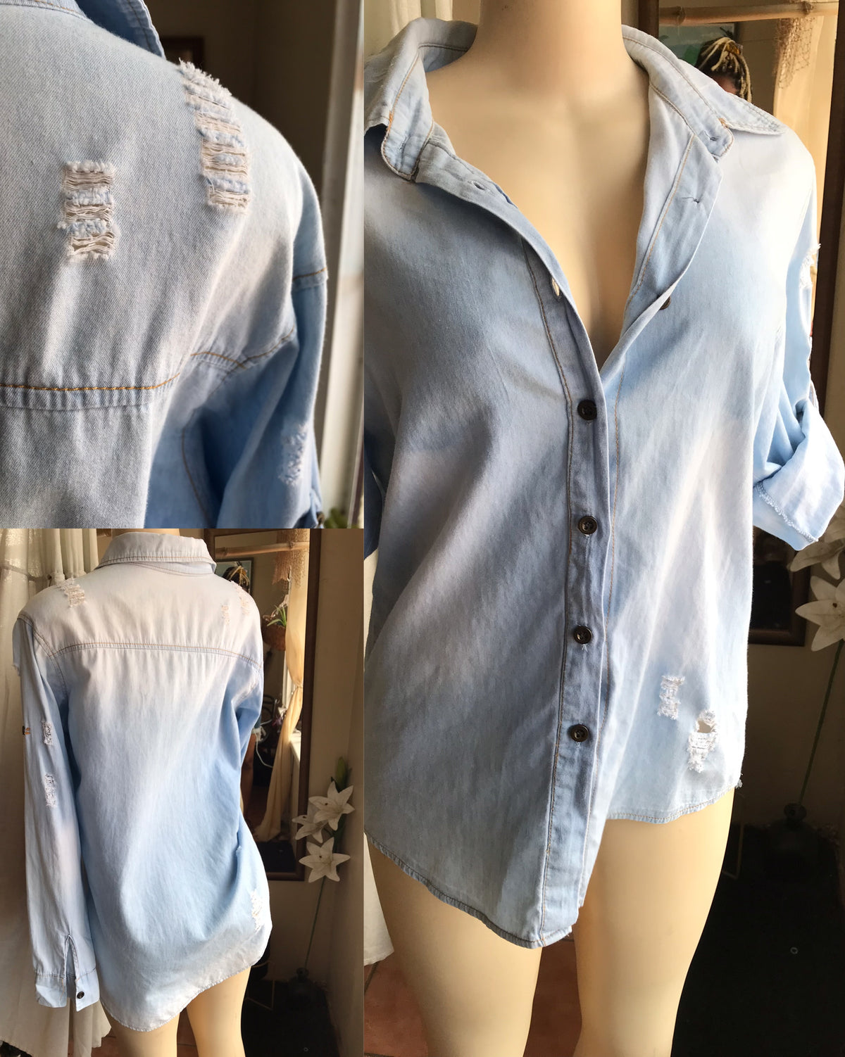 distressed light wash denim button shirt ,,, M/L