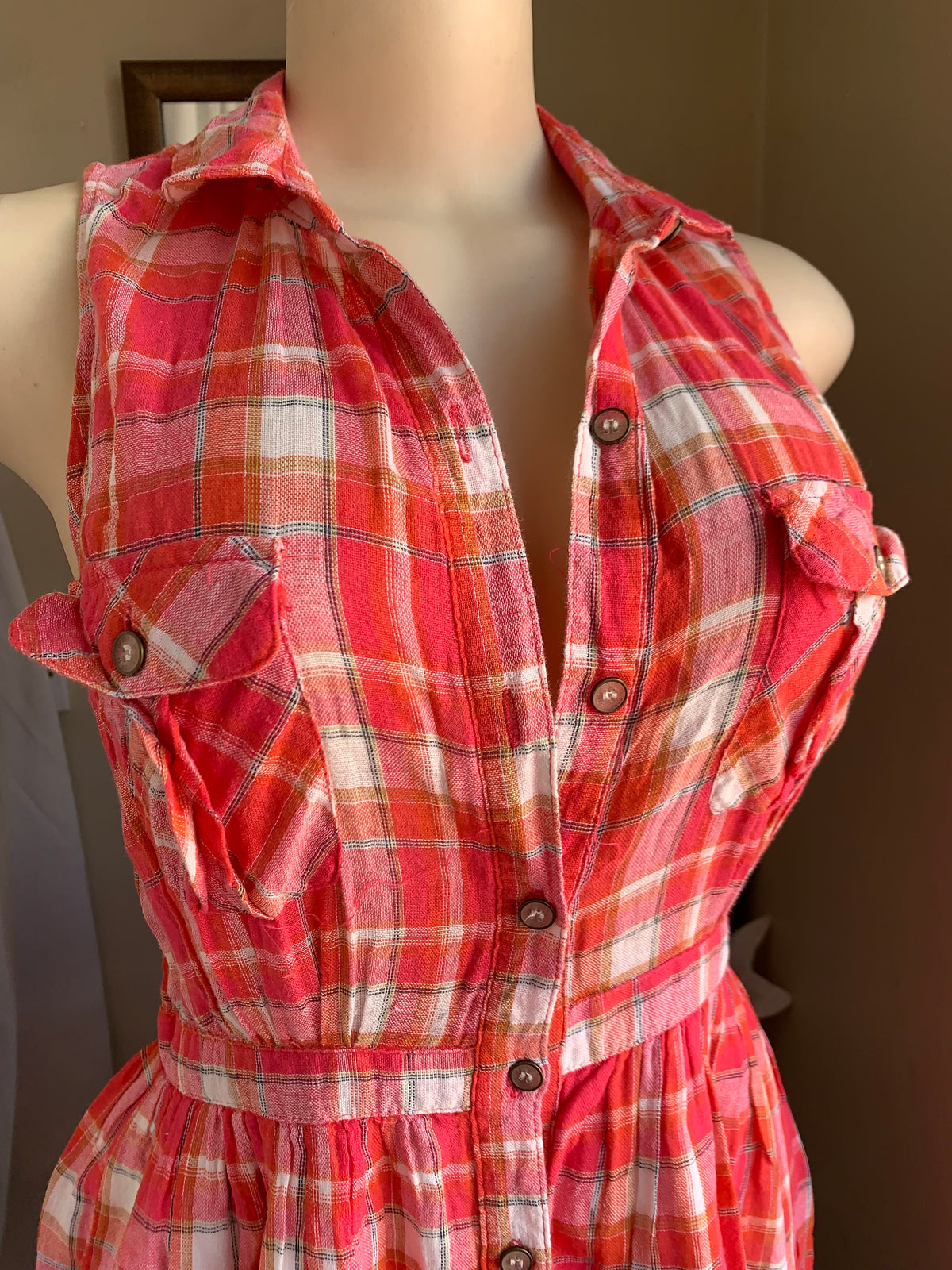Soft cotton sleeveless button down red plaid dress s ,,,