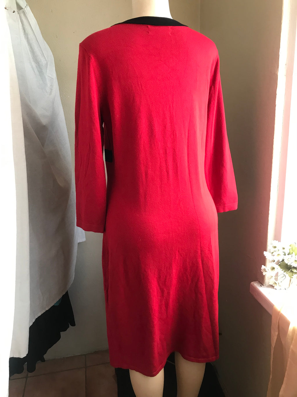 Jones NY red retro print stretchy professional dress mid sleeve. L