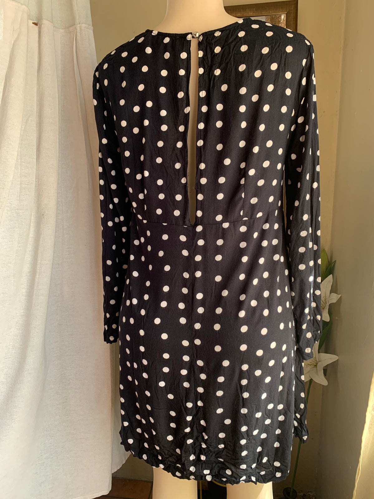 navy sheer polka long sleeve dress L