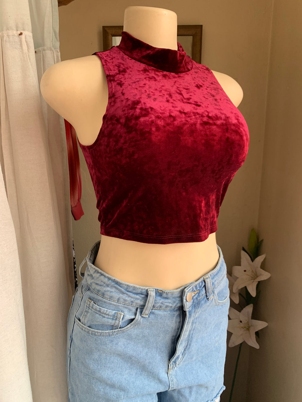 Wine red velvet crop top … s