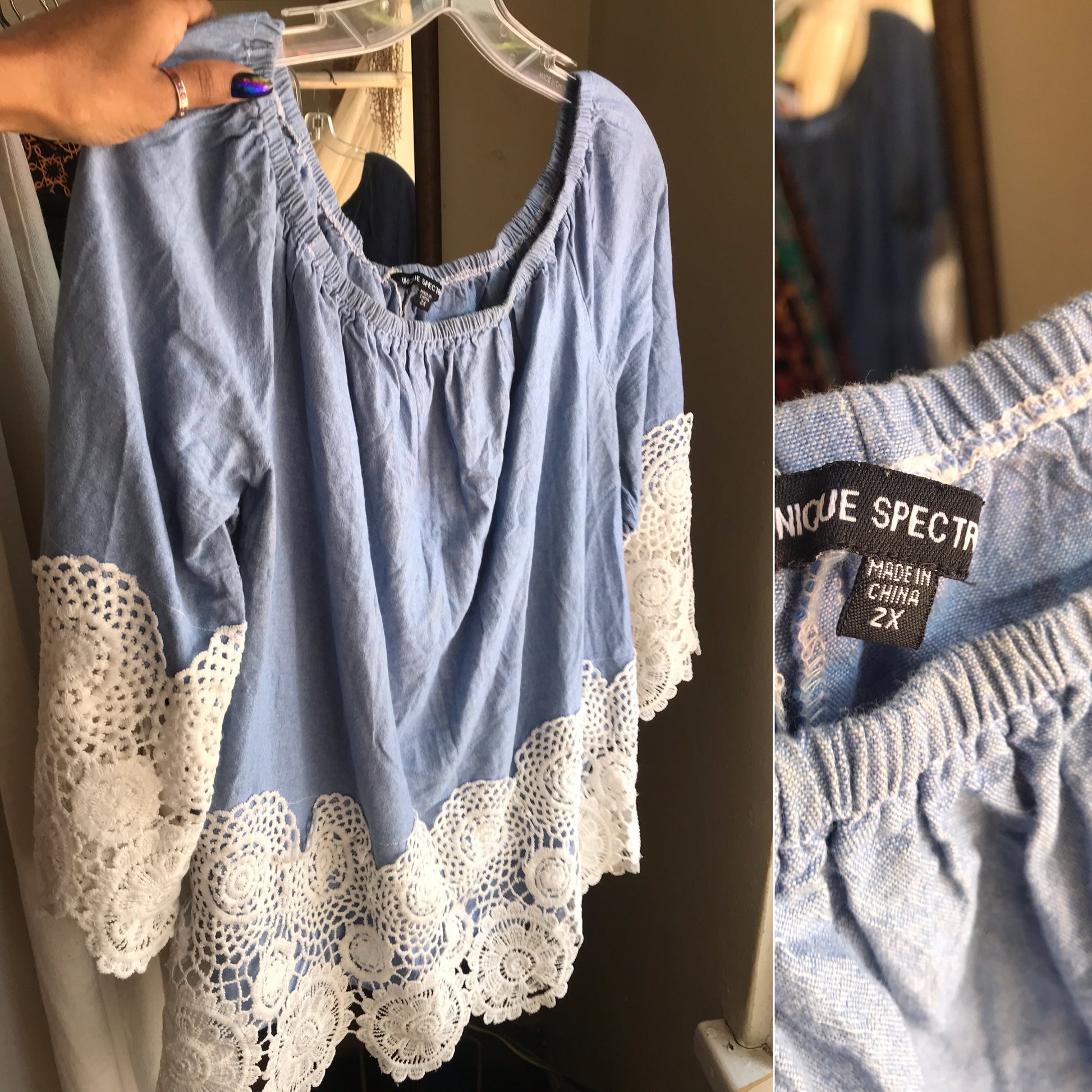 100% cotton light denim crochet detail blouse off the shoulder mid sleeve ... /xl : 2x ,,,