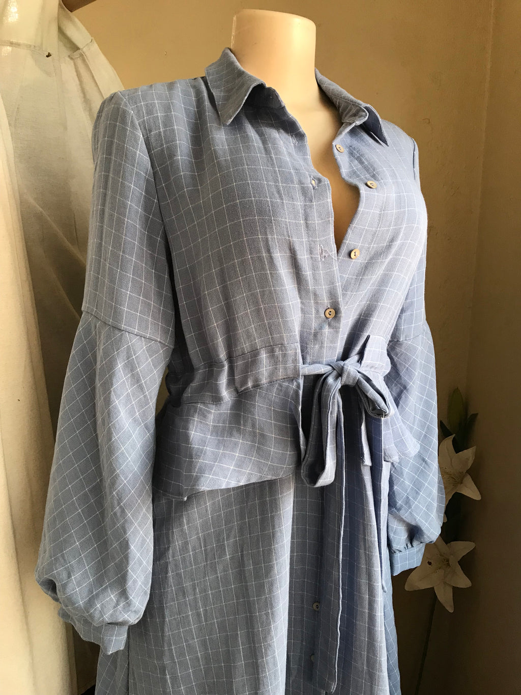 blue grid long sleeve shirt dress peplum m to L