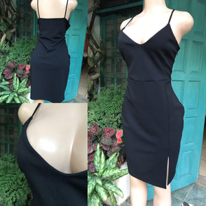 black professional cocktail dress slit spaghetti L