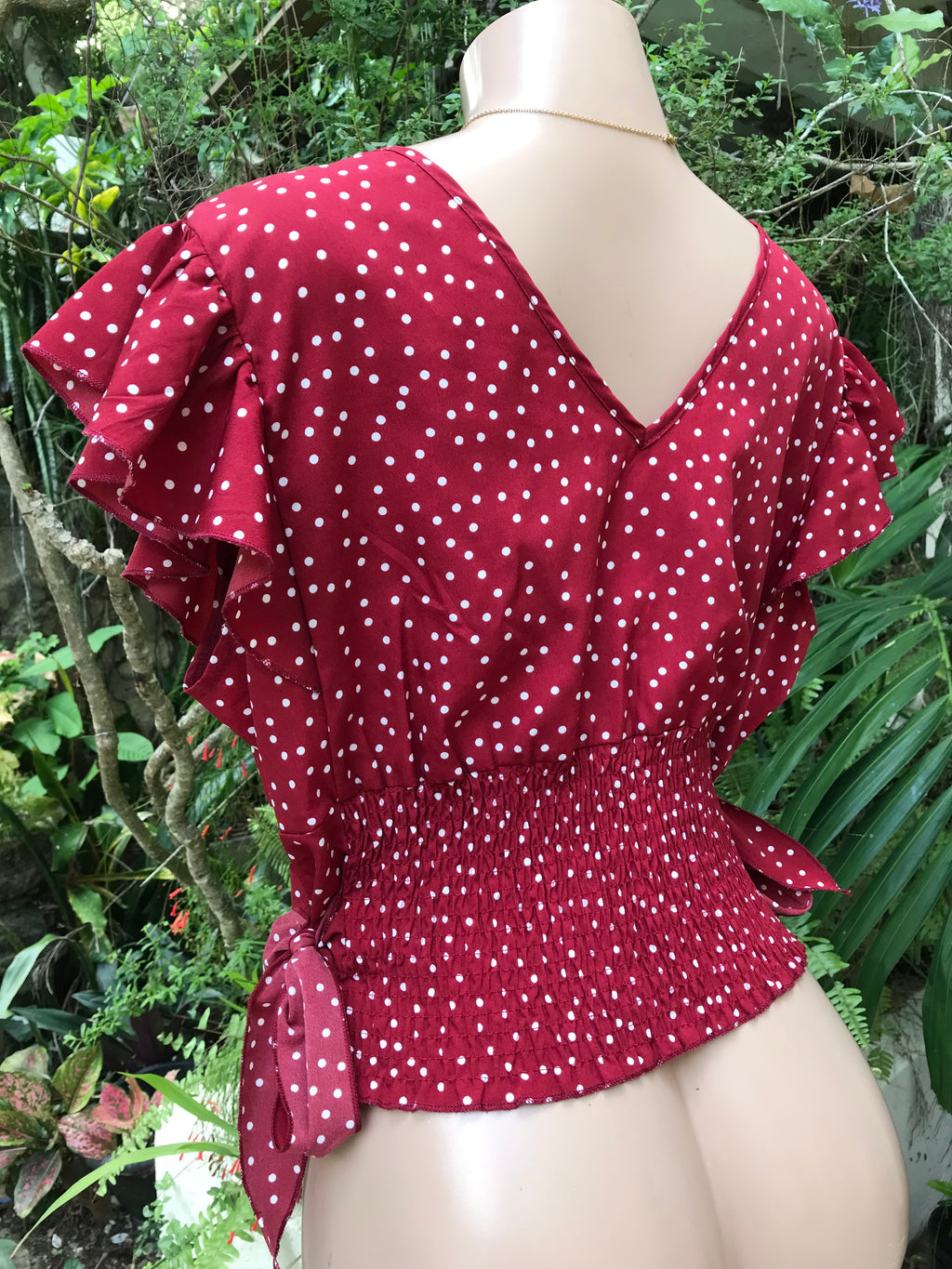 Red Polka Side Tied Shirred Top ... Plus / XL