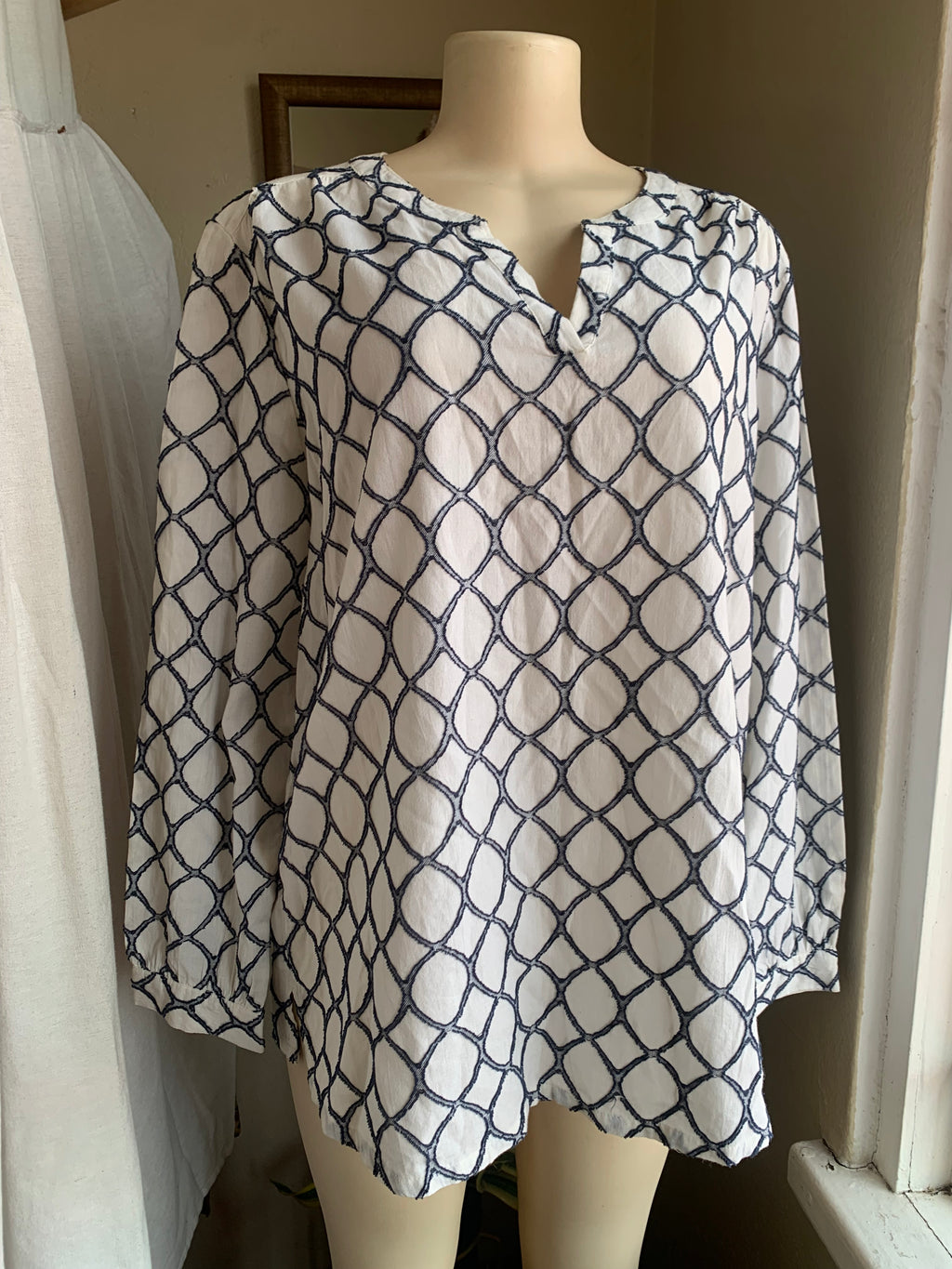 Retro Cotton navy patterned long sleeve blouse … L / XL,,,