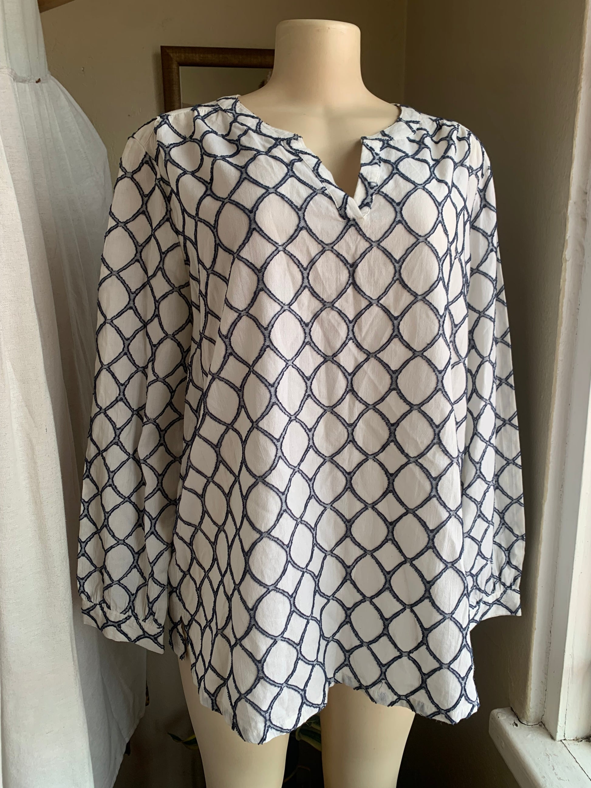 Retro Cotton navy patterned long sleeve blouse … L / XL,,,