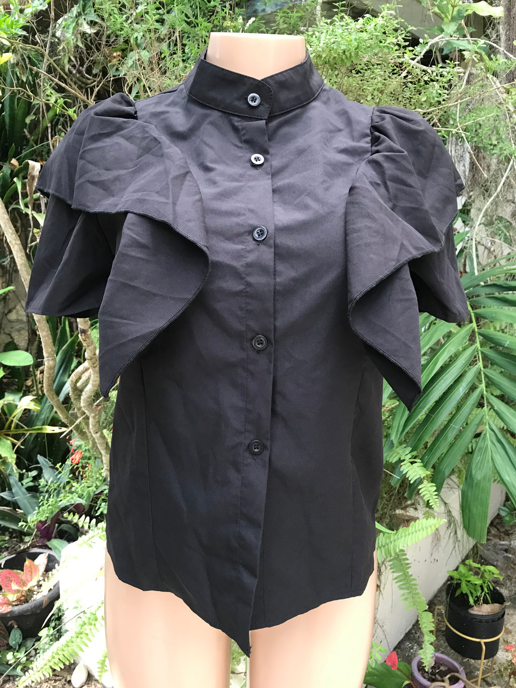 Black Office Nehru Collar Button Shirt With Statement Frill Detail ... S