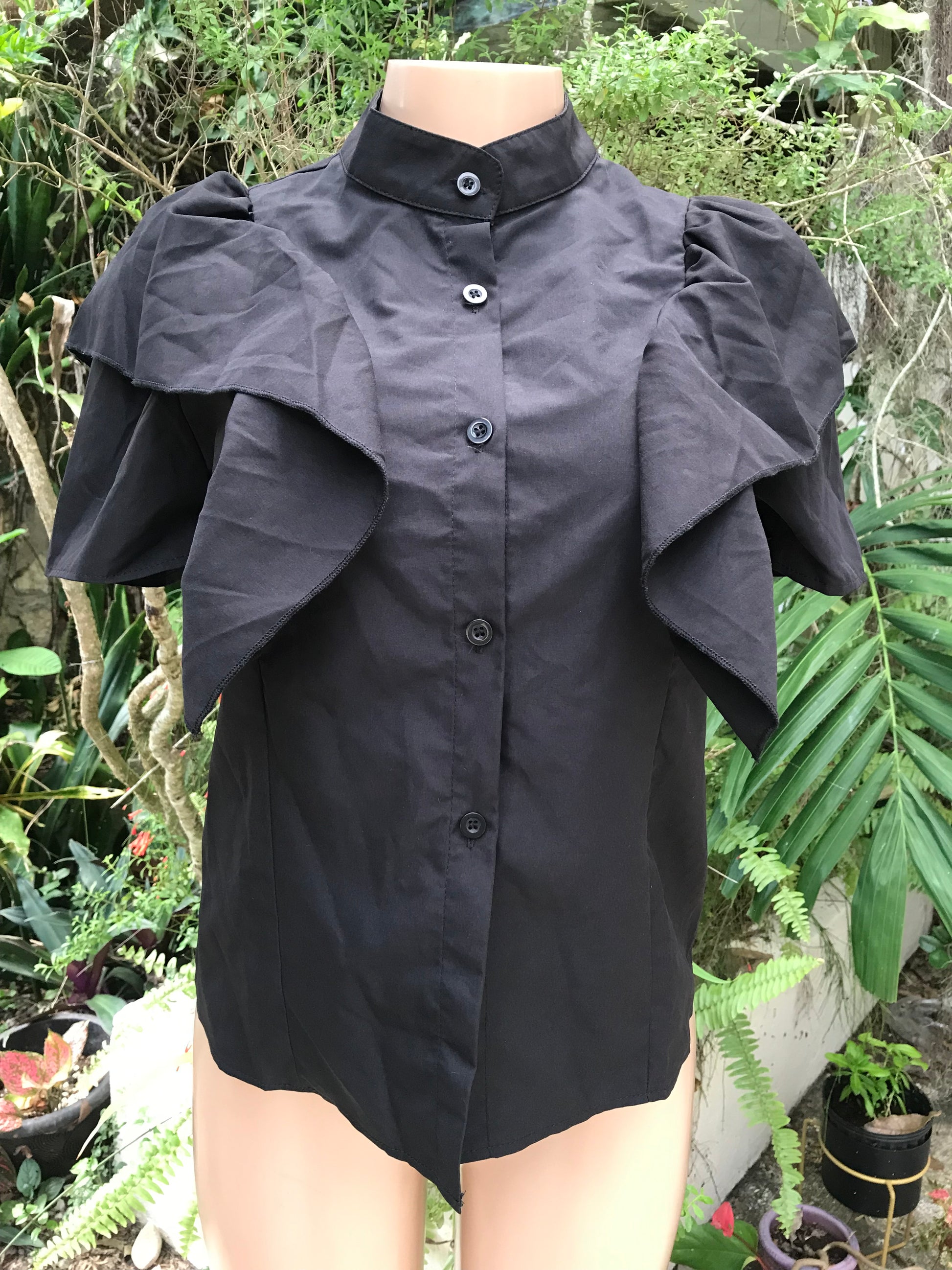 Black Office Nehru Collar Button Shirt With Statement Frill Detail ... S