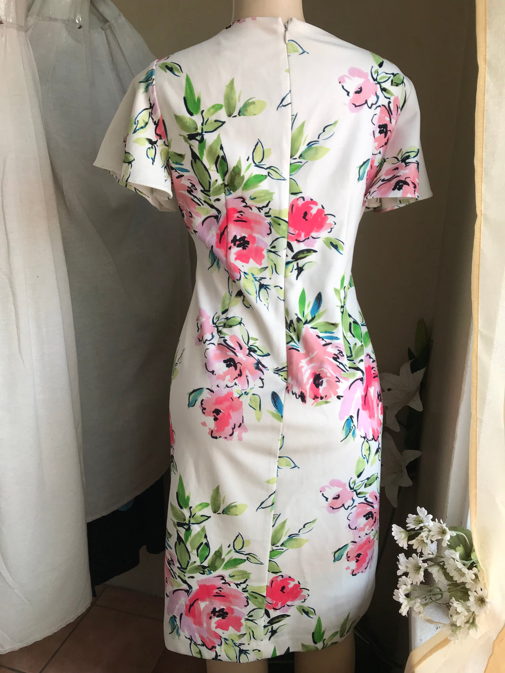 retro print stretchy professional dress white floral s/m