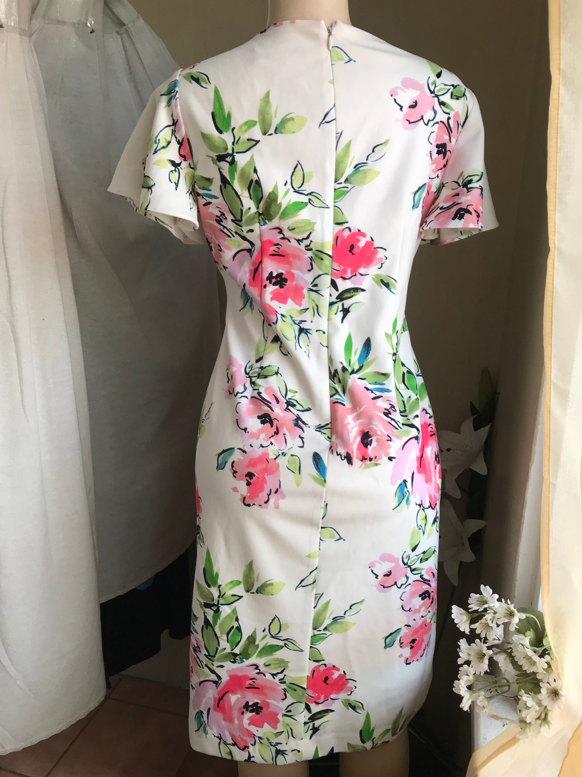 retro print stretchy professional dress white floral s/m