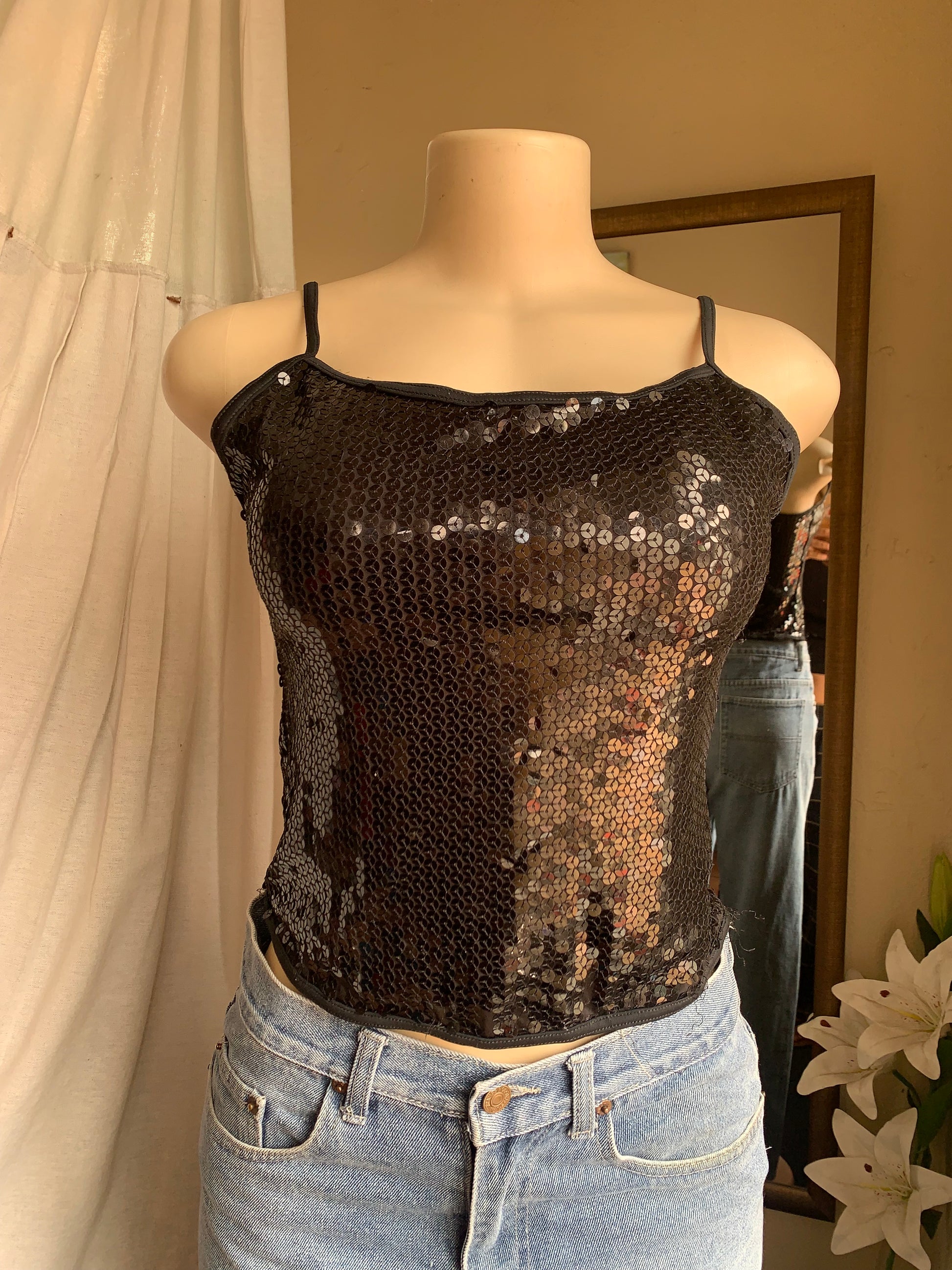 black sequin spaghetti top … M