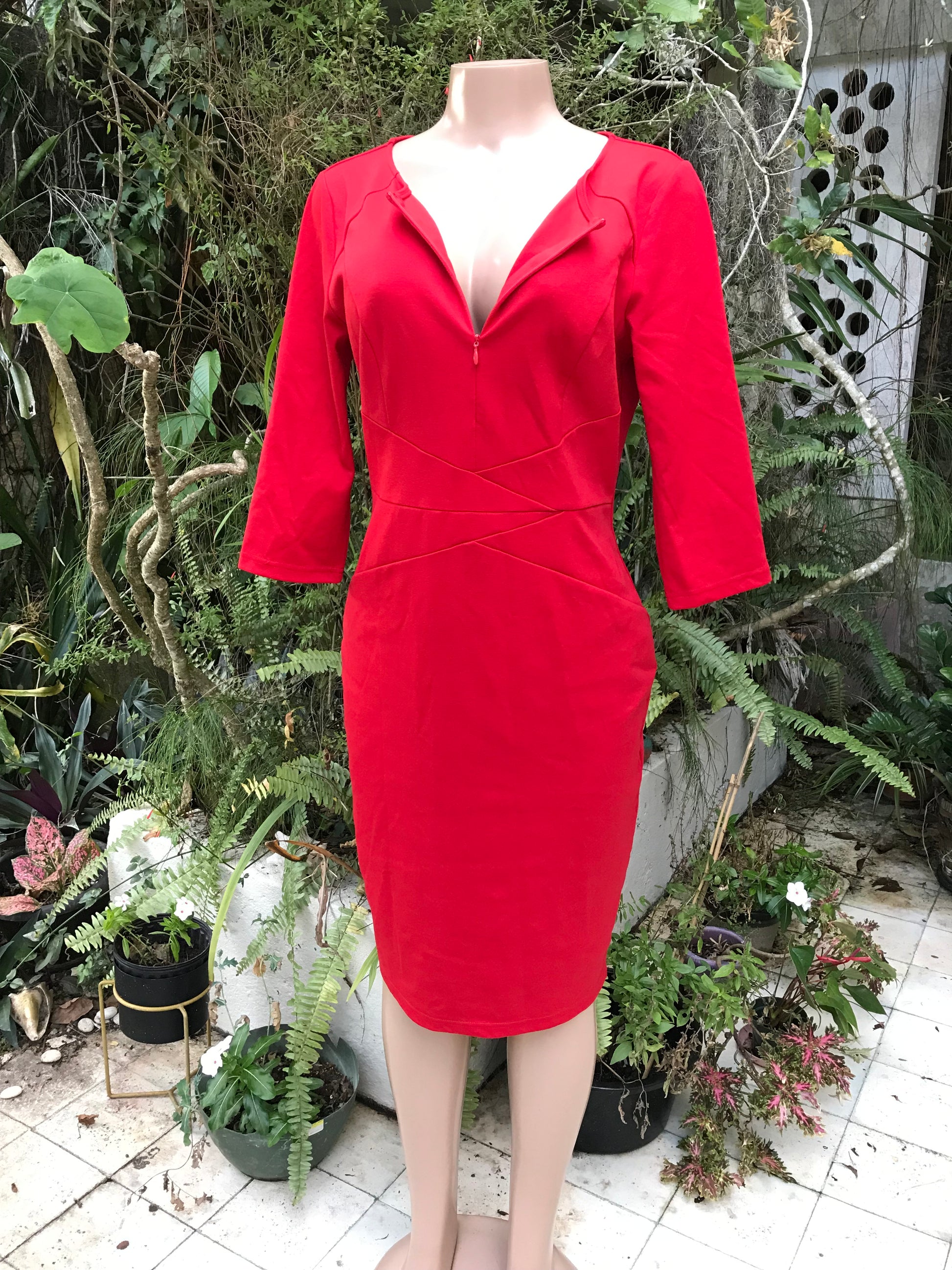 Red professional mid sleeve zip front dress fitted