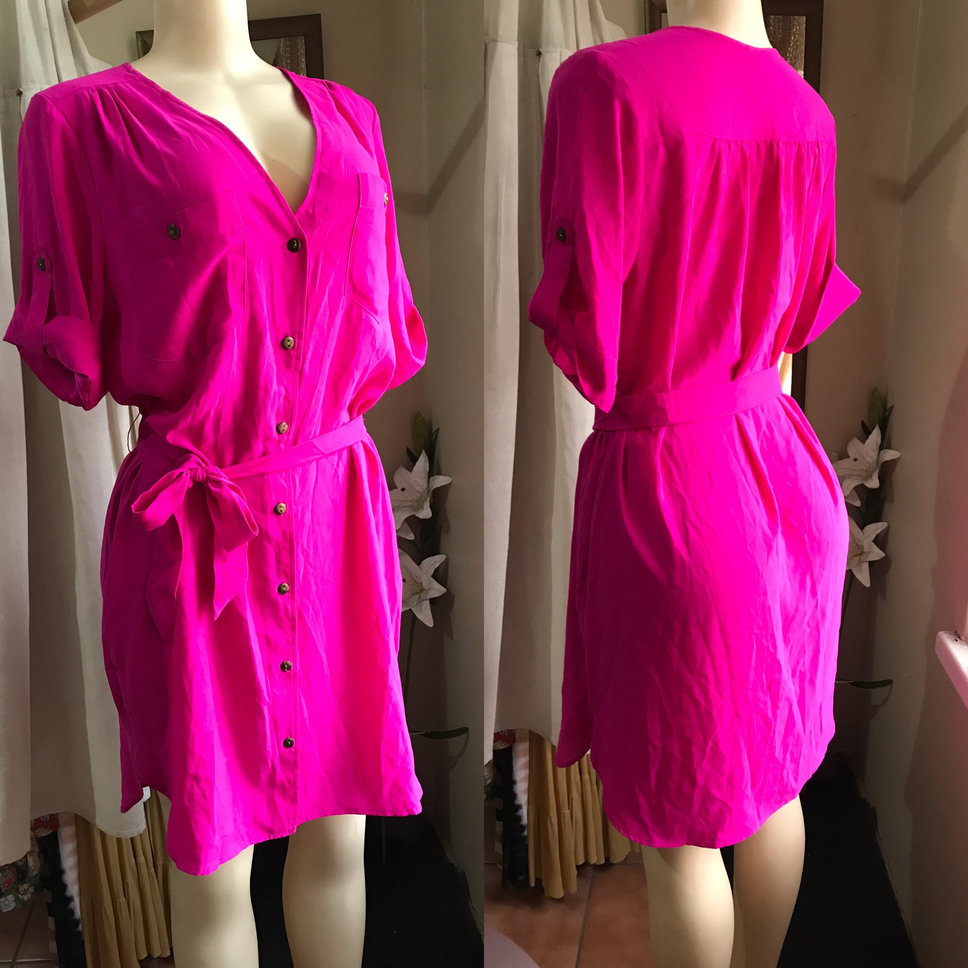 hot pink button shirtdress . m