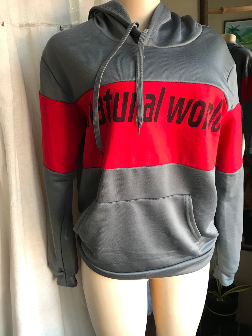 grey and red natural world hoodie ;;; m